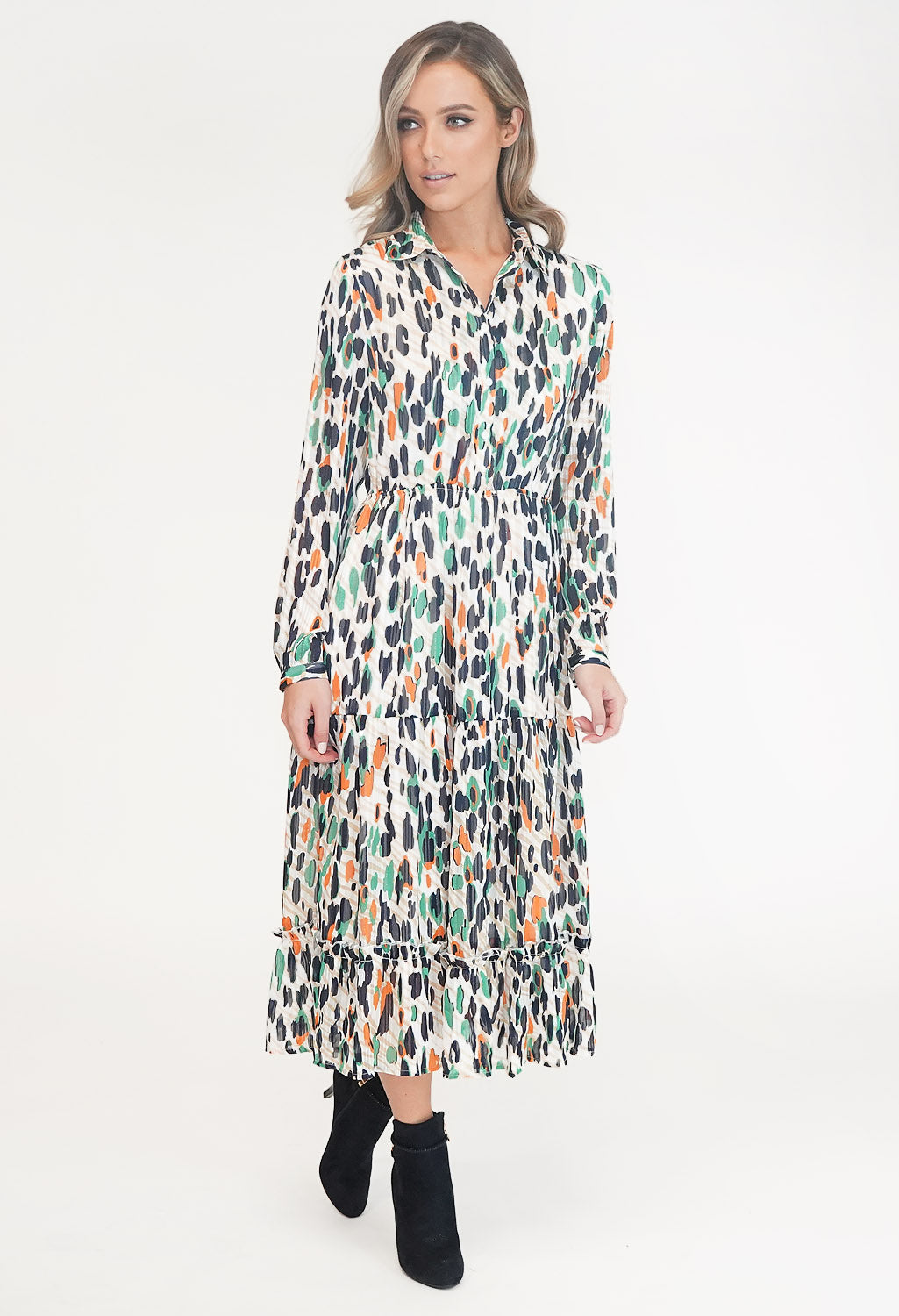 Multi Coloured Print Shirt Midi Dress