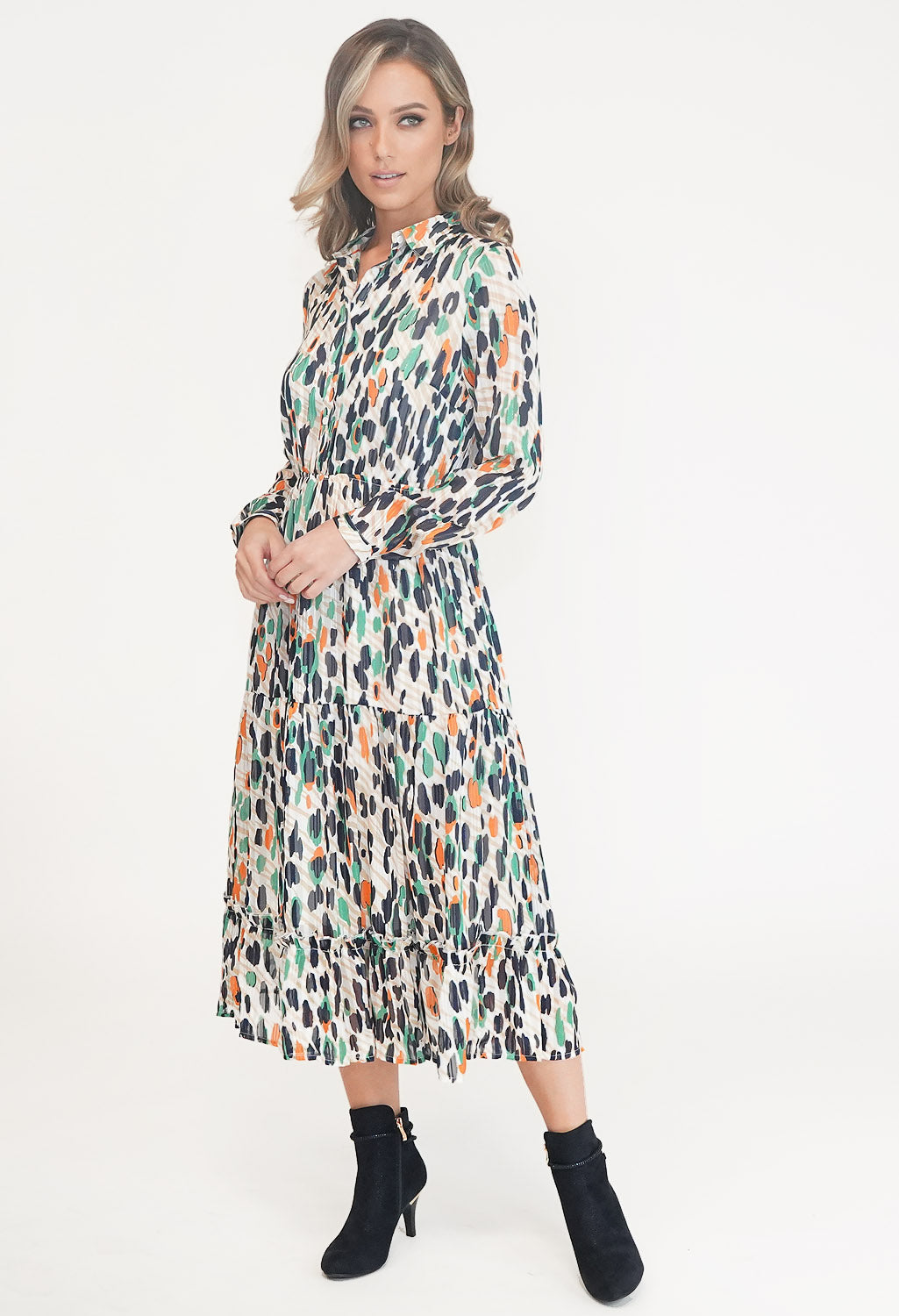 Multi Coloured Print Shirt Midi Dress