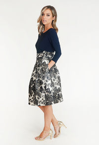 Navy & Cream Floral Pattern Dress