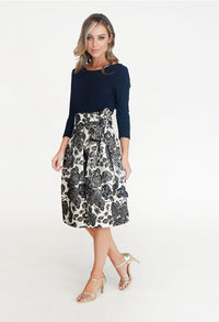 Navy & Cream Floral Pattern Dress