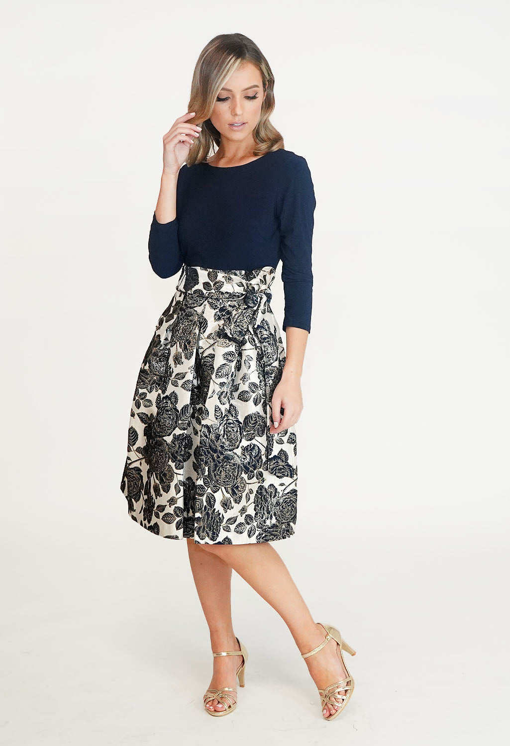 Navy & Cream Floral Pattern Dress