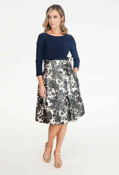 Navy & Cream Floral Pattern Dress