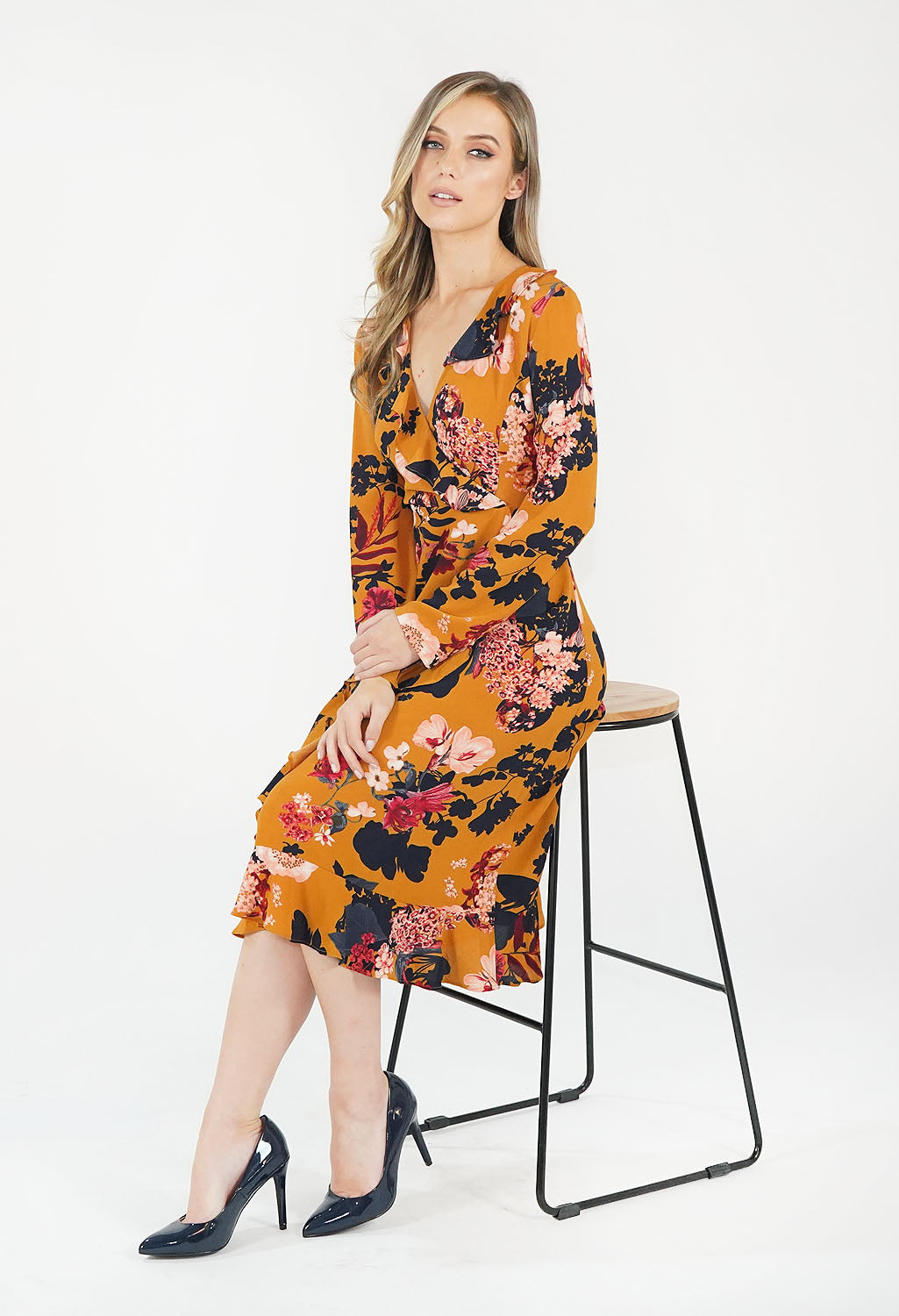 Mustard Floral Pattern Print Dress