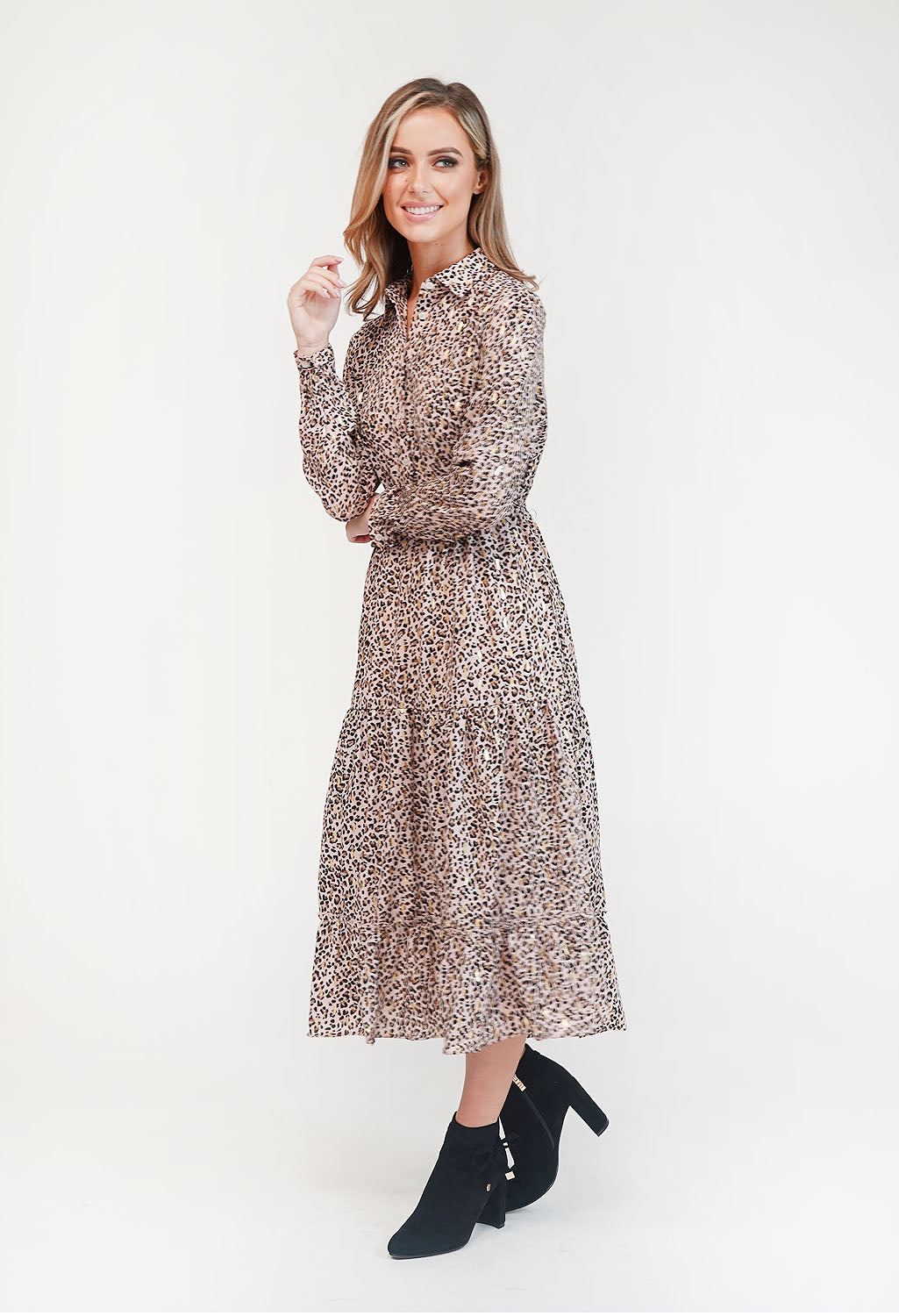 Leopard Print Shirt Midi Dress