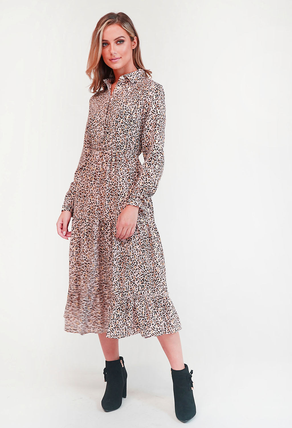 Leopard Print Shirt Midi Dress