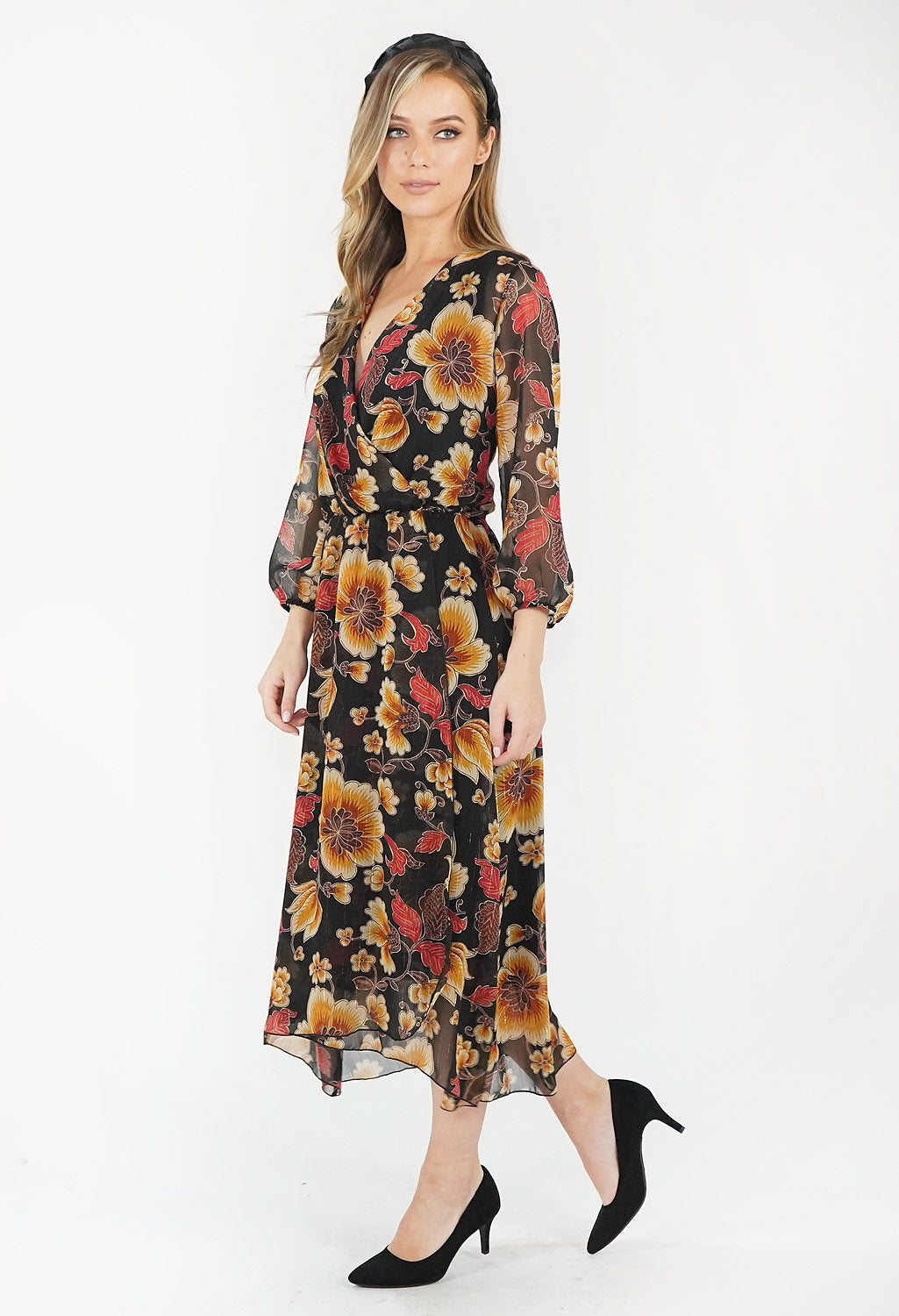 Black Floral Wrap Dress