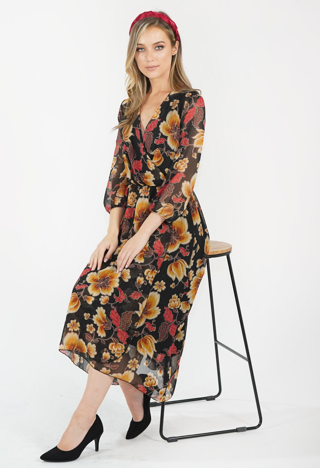 Black Floral Wrap Dress