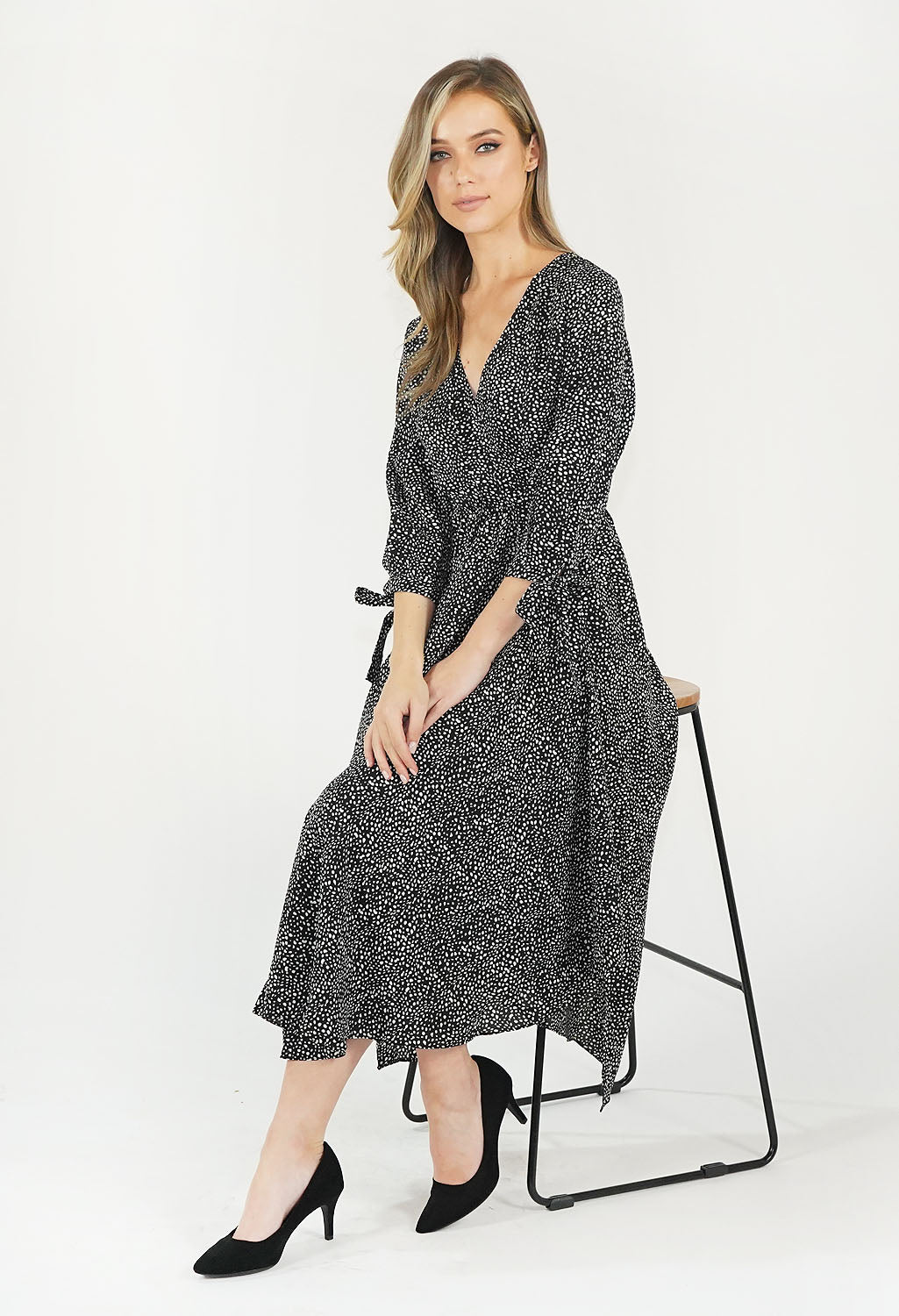 BLACK FINE POLKA DOT PRINT DRESS