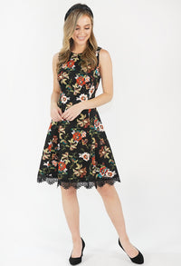 Black Printed LACE HEM DETAIL DRESS