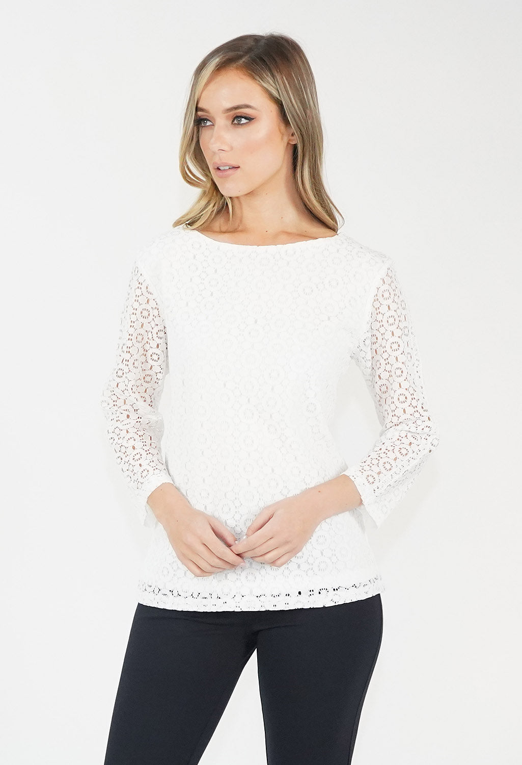 Zapara Off White Boat Neck Lace Top | Pamela Scott