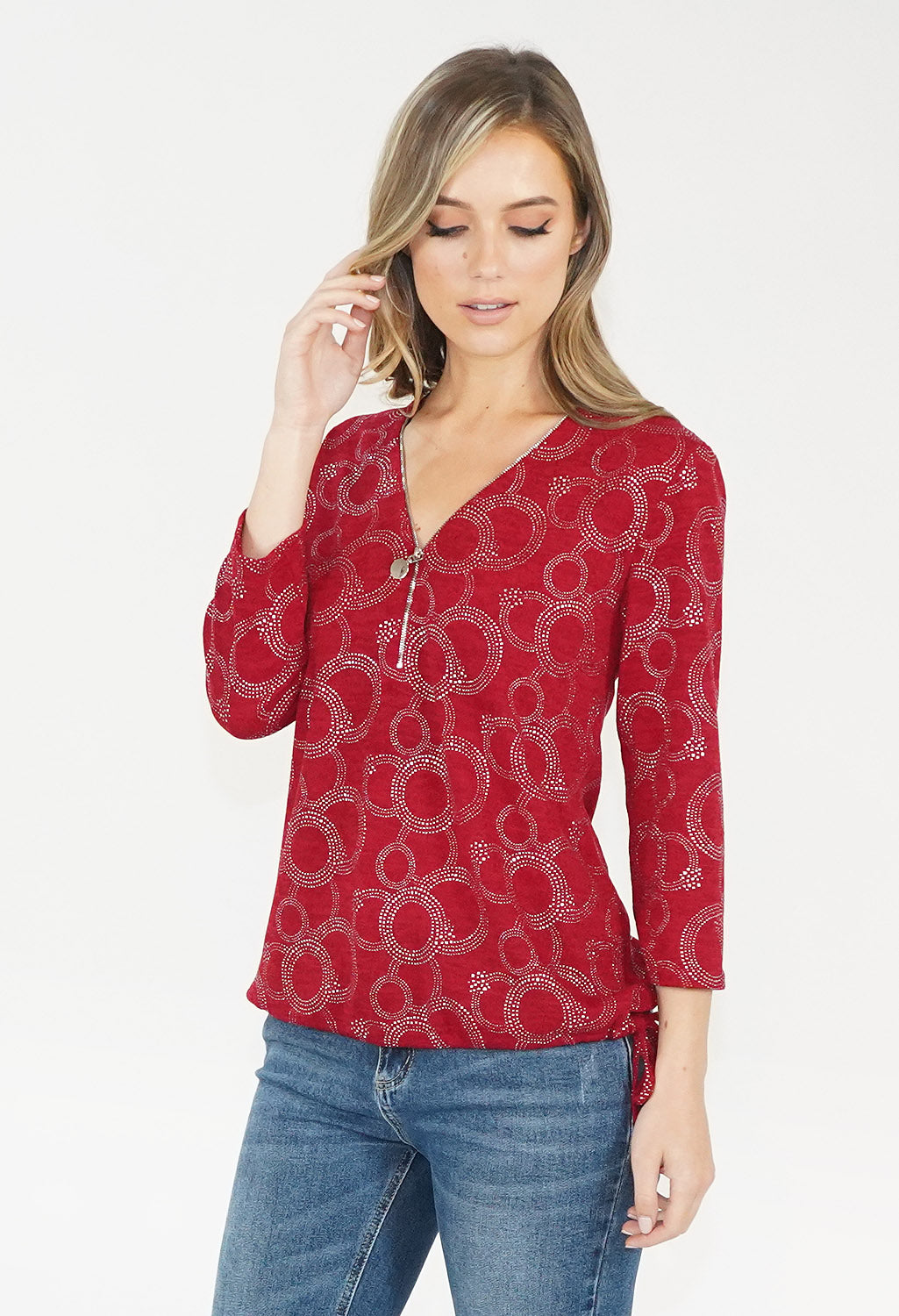 Bordeaux Circle Pattern Zip Top