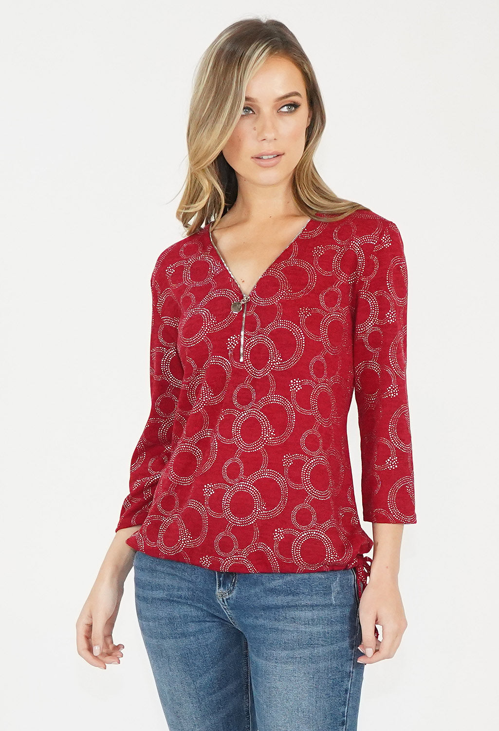 Bordeaux Circle Pattern Zip Top