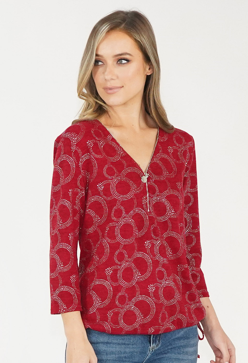 Bordeaux Circle Pattern Zip Top