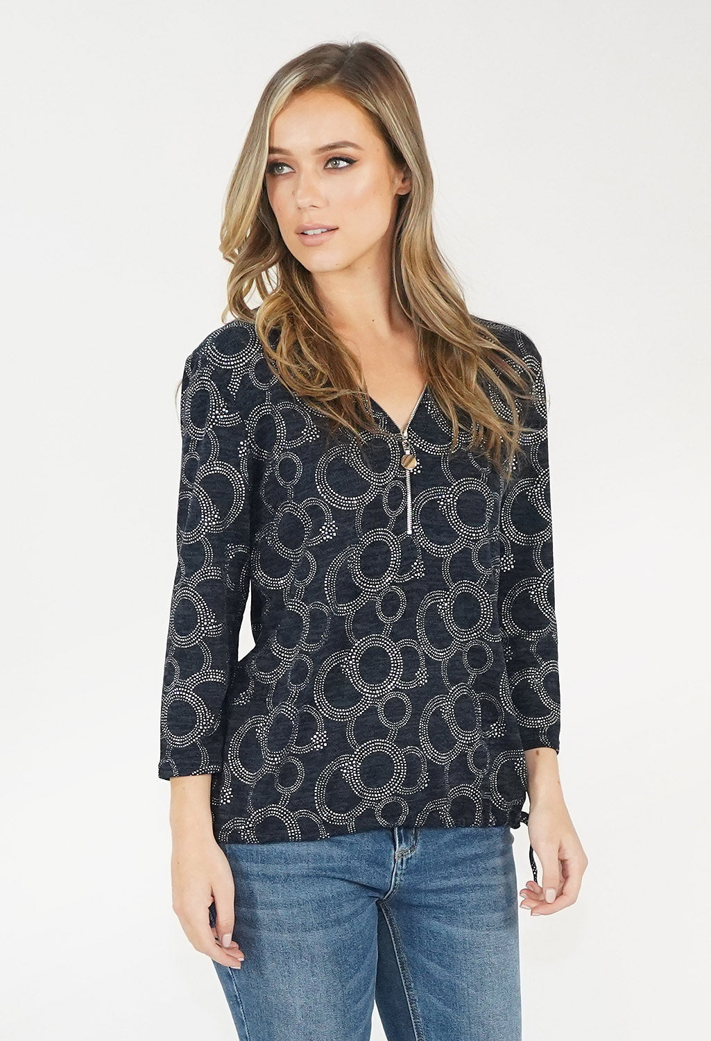 Navy Circle Pattern Knit Top