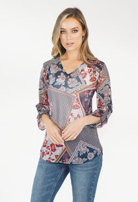 Red/Blue Floral Pattern V Neck Top