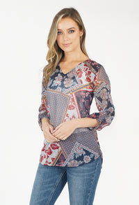 Red/Blue Floral Pattern V Neck Top