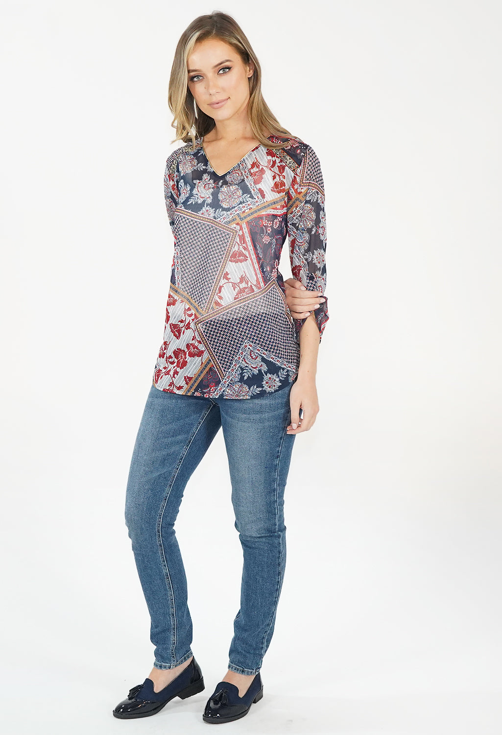 Red/Blue Floral Pattern V Neck Top