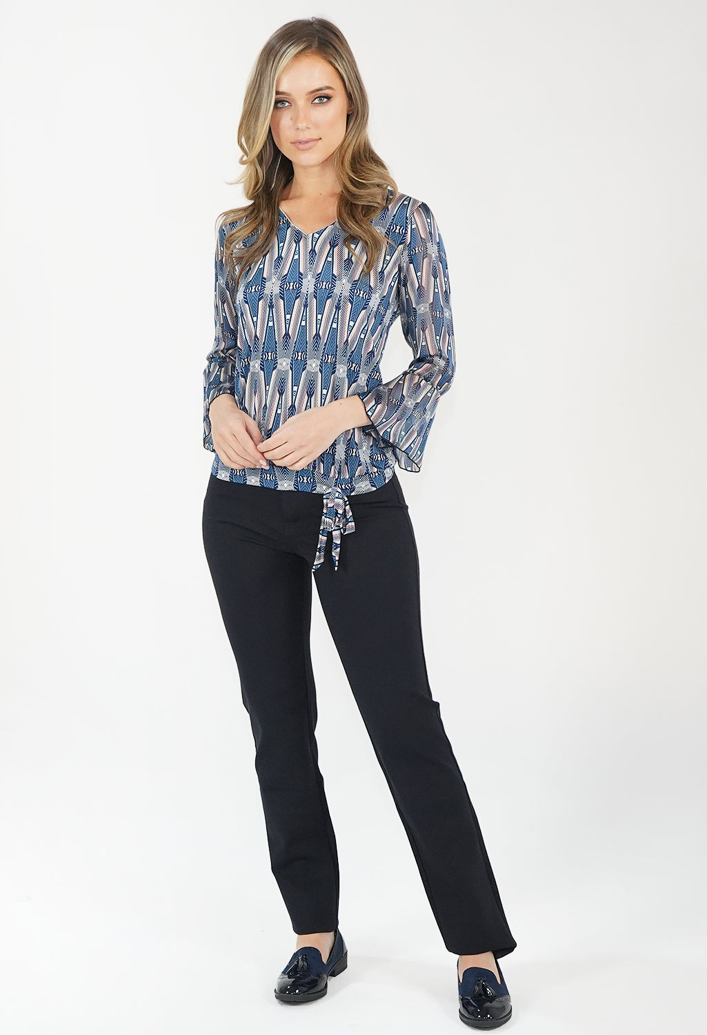 Blue Pattern Tie Detail Top