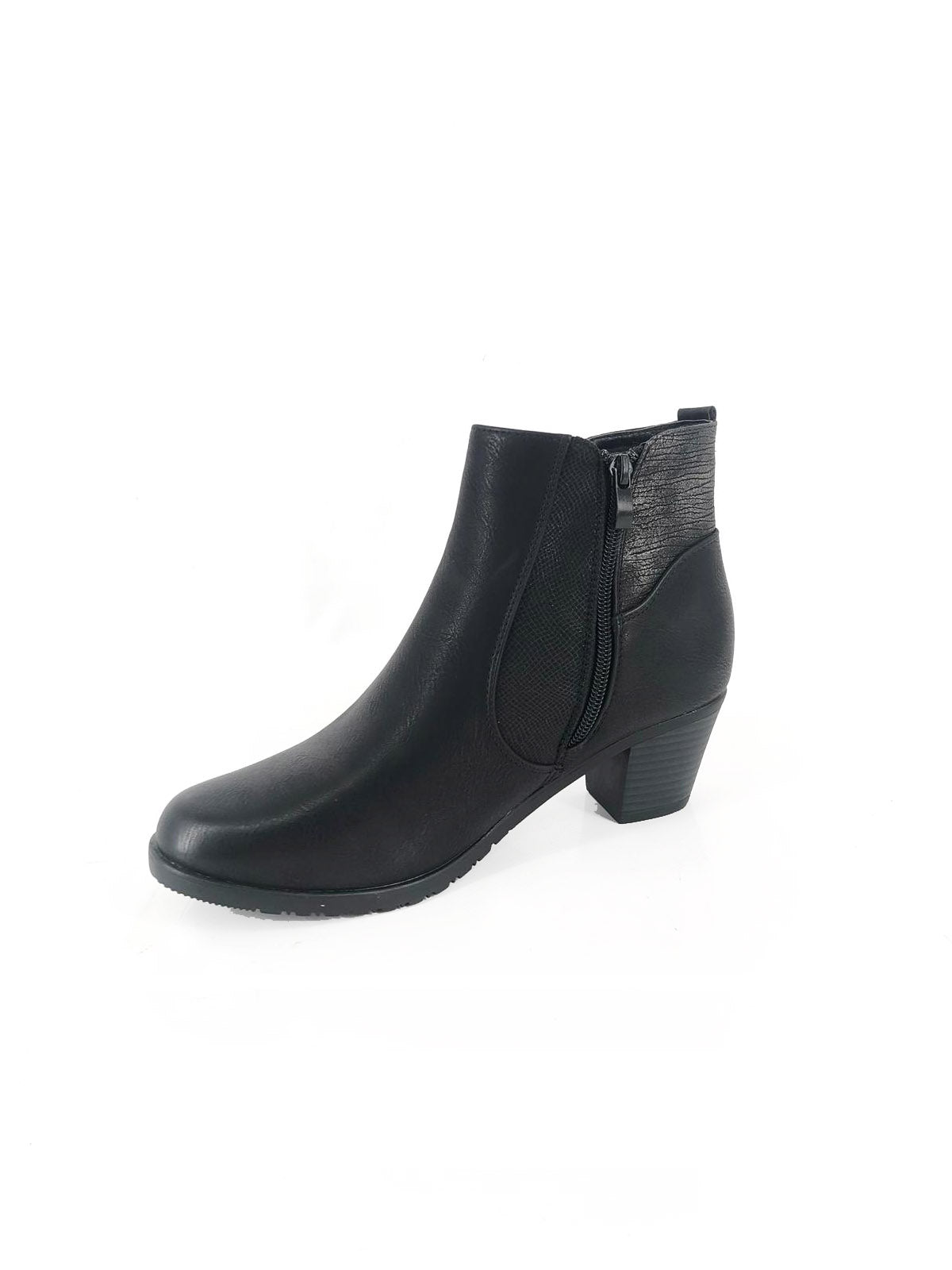 Black Block Heel Boot with Contrasting Side Panel