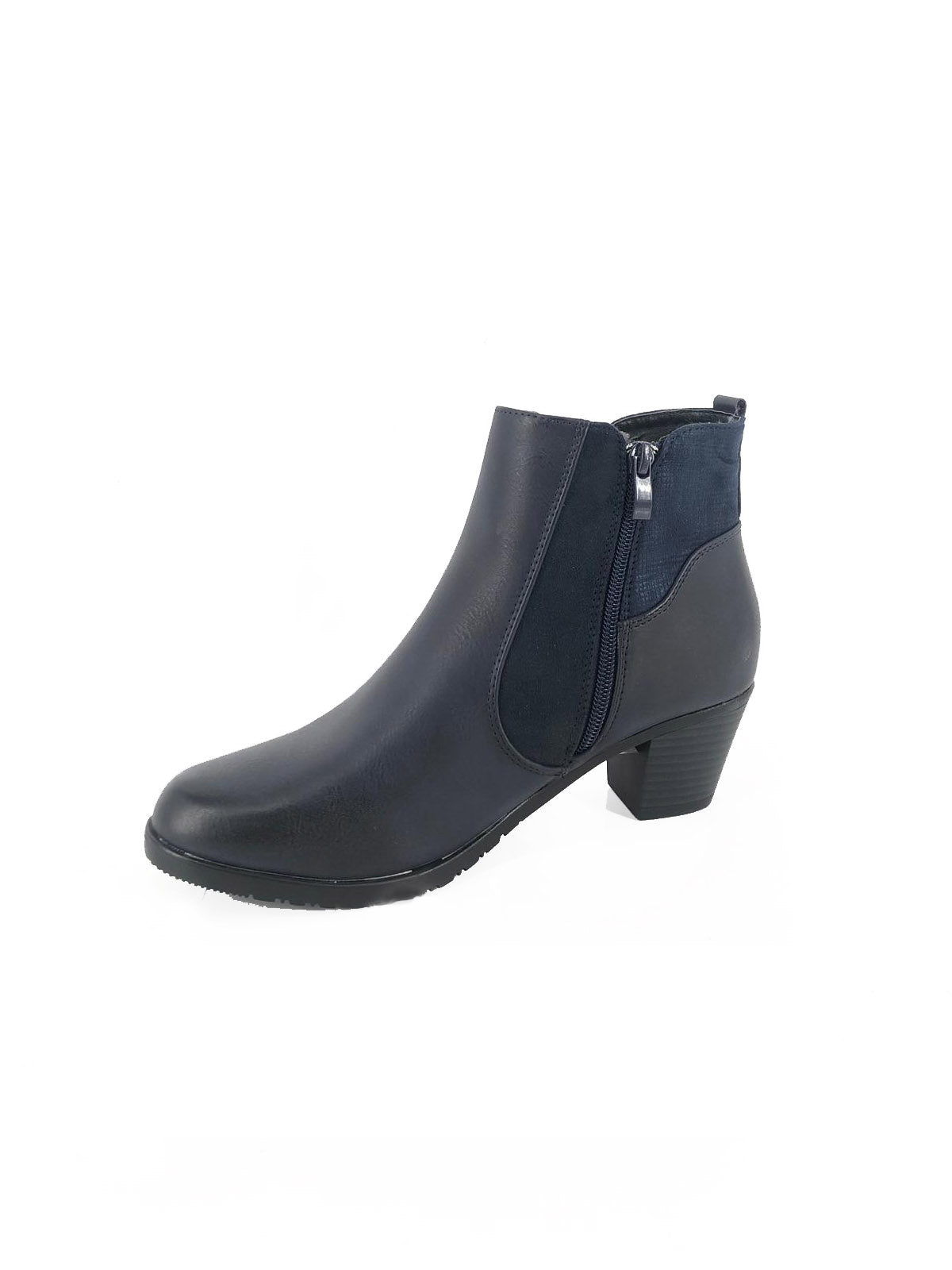 Navy Block Heel Boot with Contrasting Side Panel