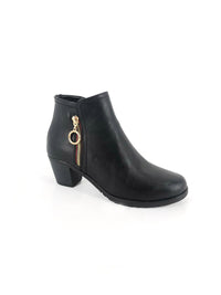 Black Block Heel Ankle Boot with Gold Zip