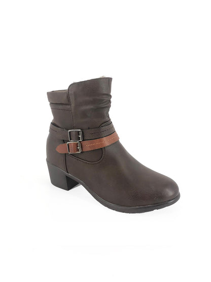 Brown Block Heel Ankle Boot with Double Strap Detail