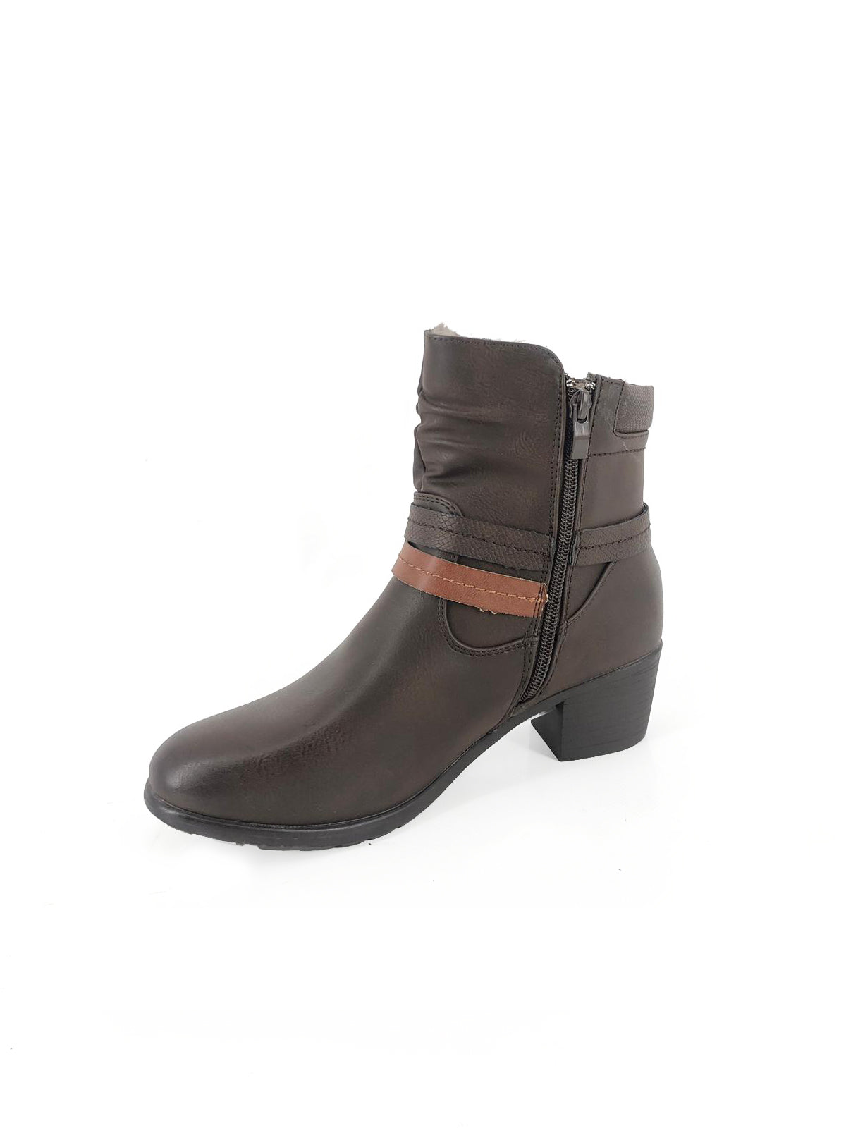 Brown Block Heel Ankle Boot with Double Strap Detail