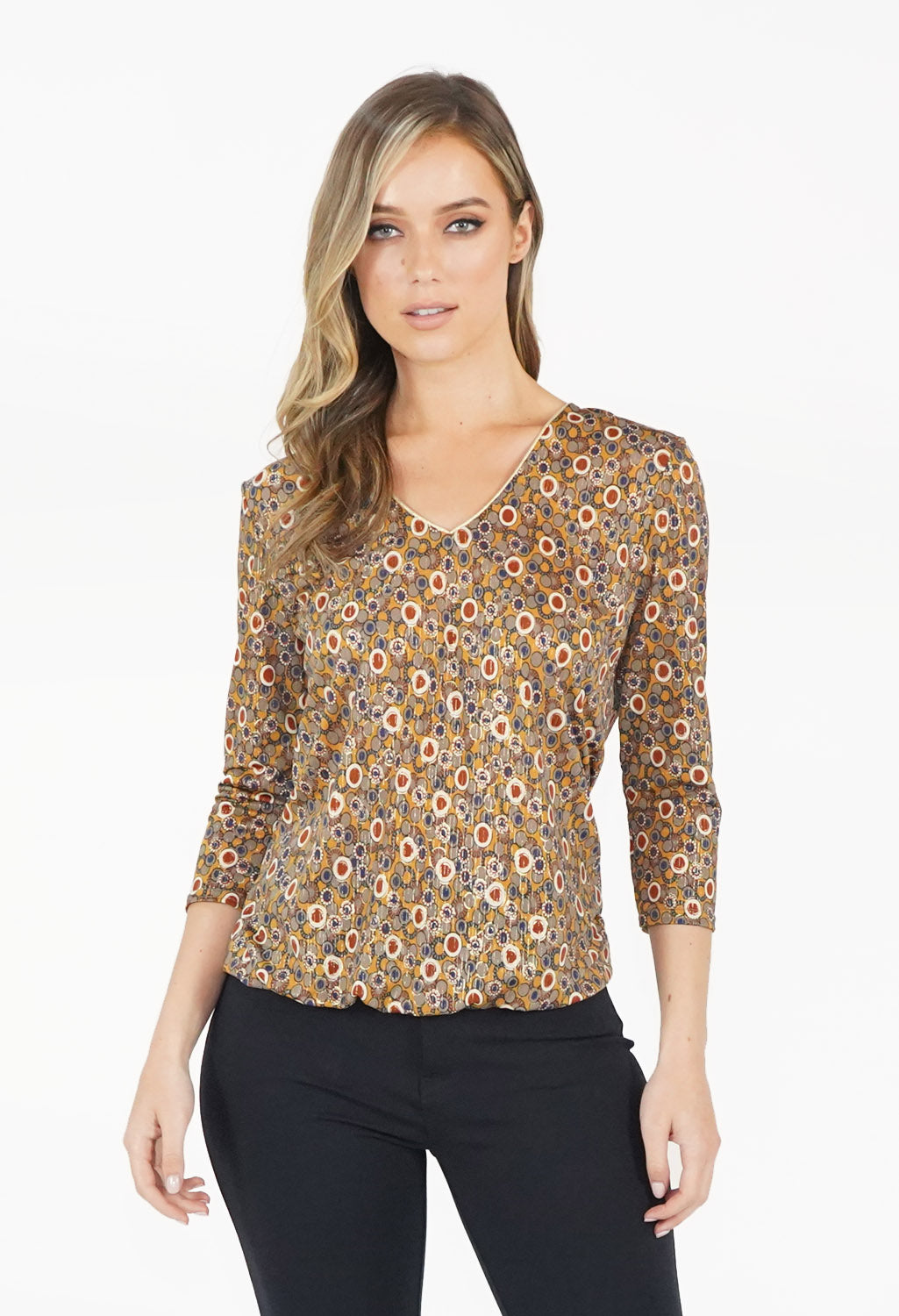 Khaki/Gold Pattern V Neck Top