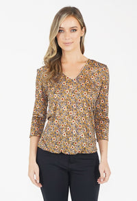 Khaki/Gold Pattern V Neck Top