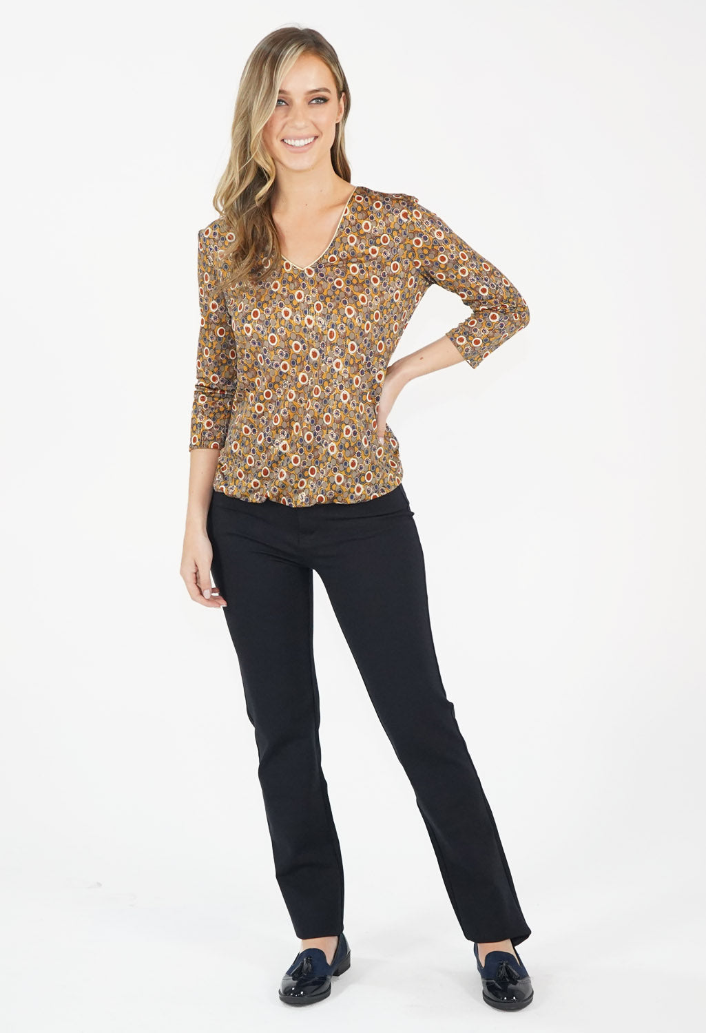 Khaki/Gold Pattern V Neck Top