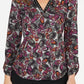 Grey and Bordeaux Floral Top with Faux Leather Neckline