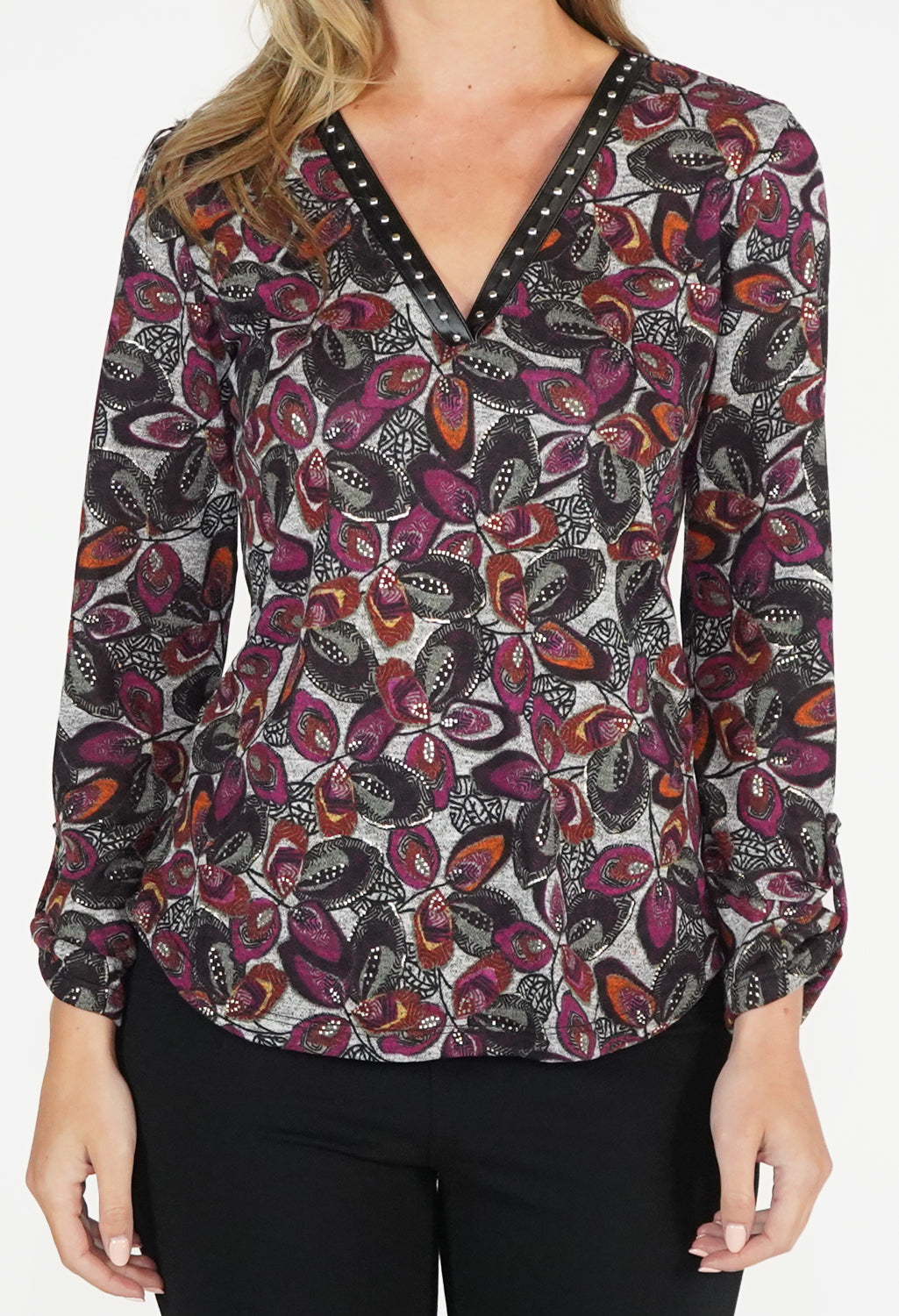 Grey and Bordeaux Floral Top with Faux Leather Neckline