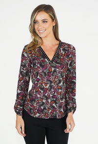 Grey and Bordeaux Floral Top with Faux Leather Neckline