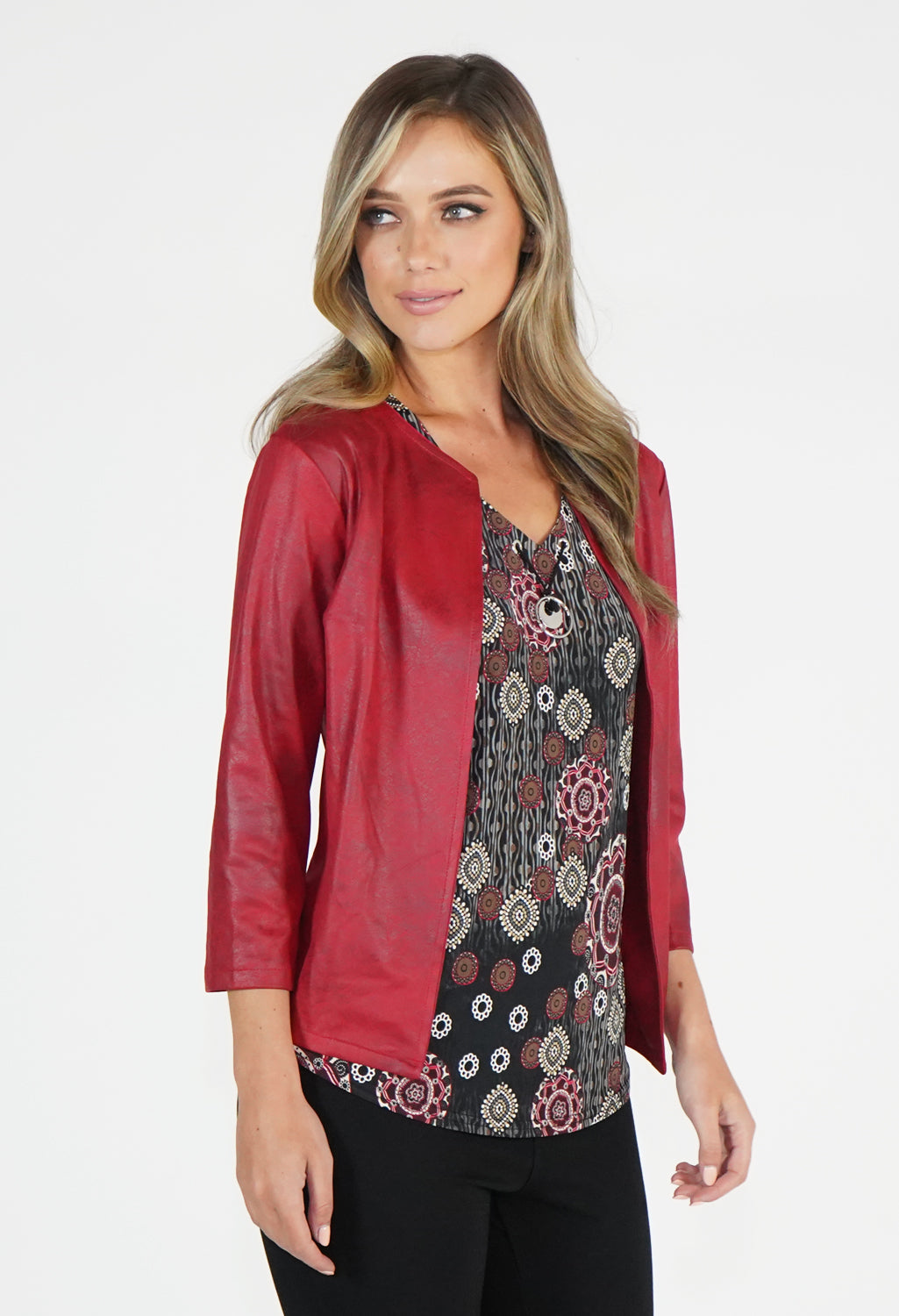 Red Leather Look Open Jacket