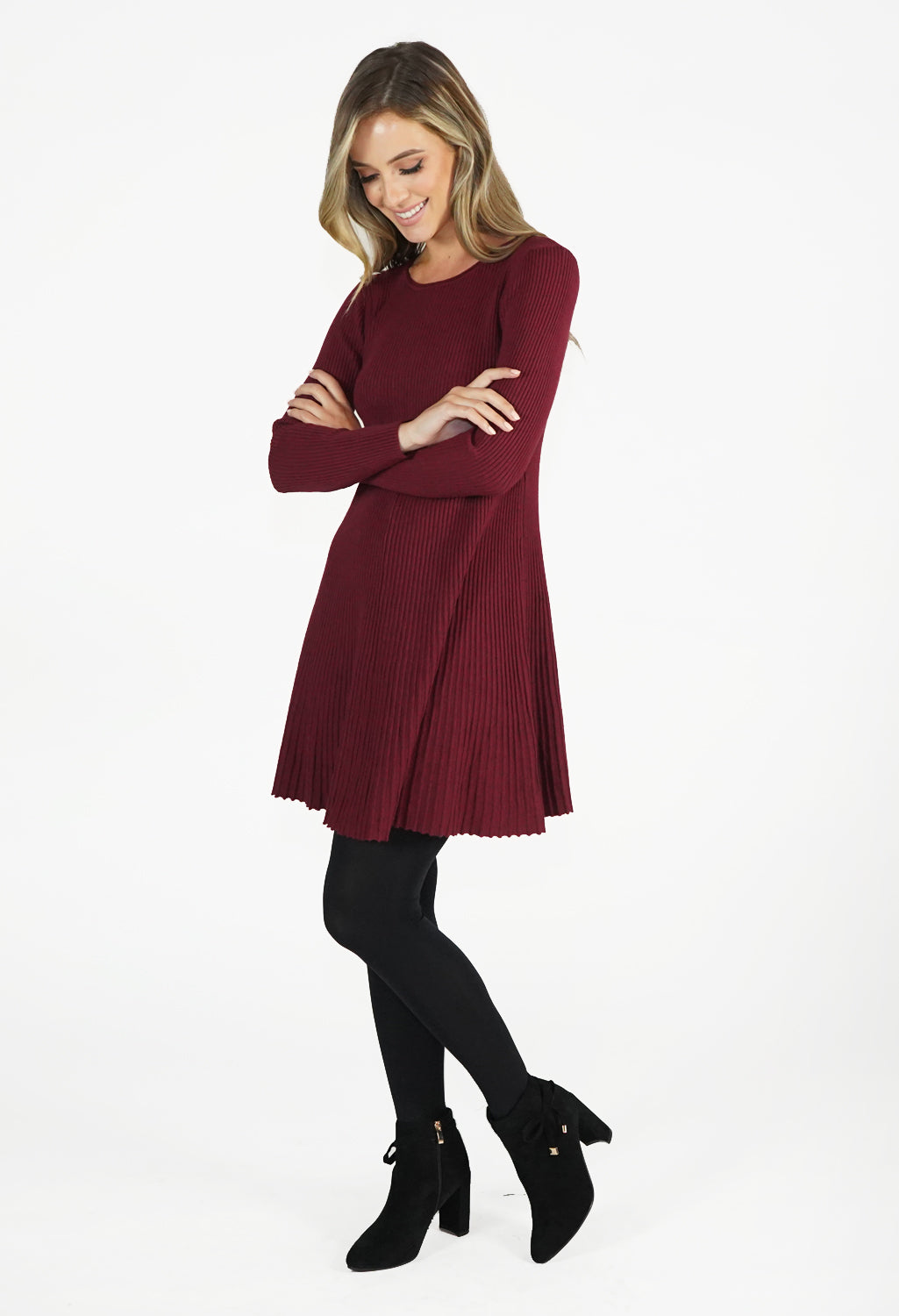 Wine Ribbed Fit and Flare Dress