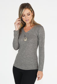 Taupe V Neck Top with Necklace Detail