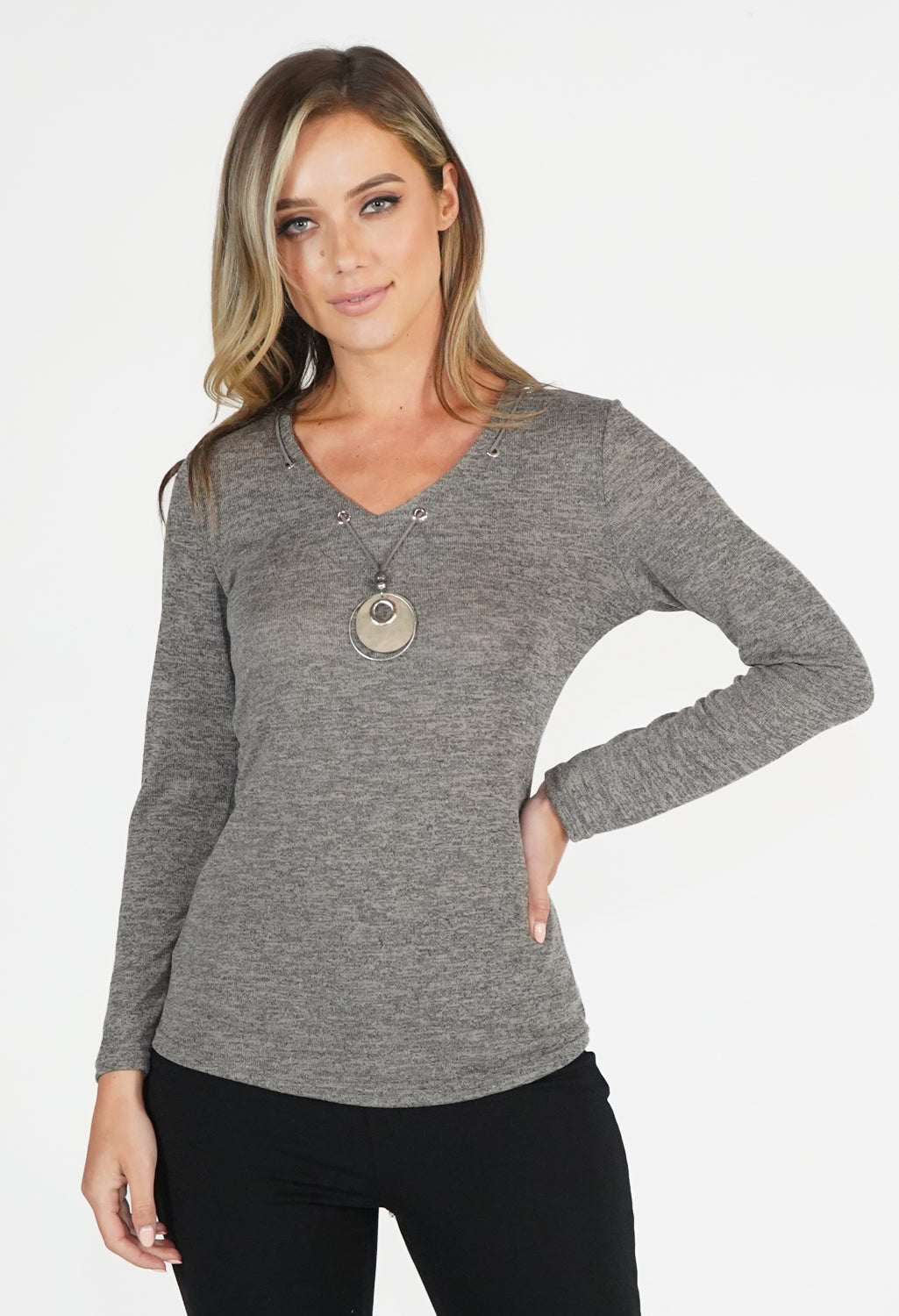 Taupe V Neck Top with Necklace Detail