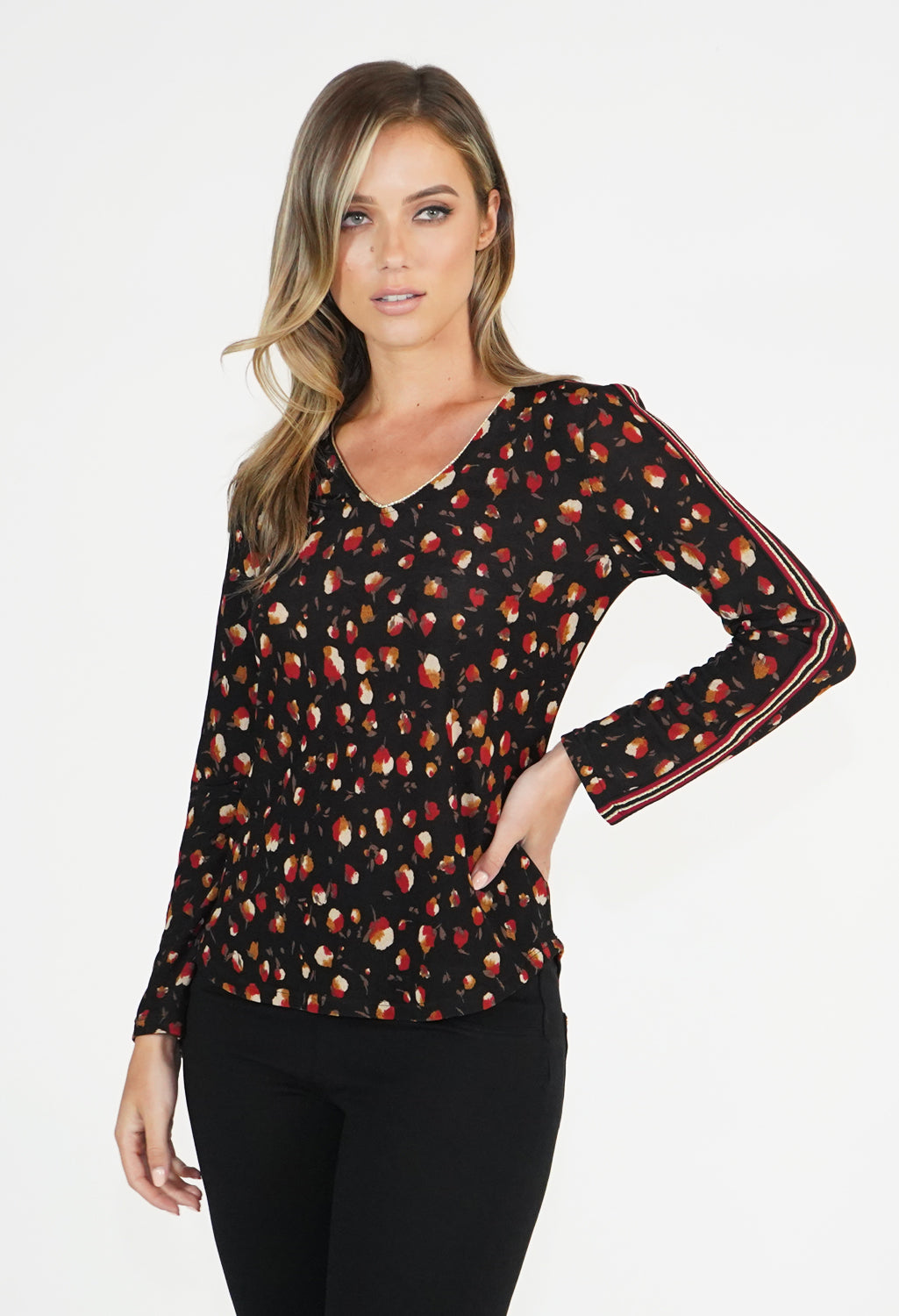 Black Pattern Top with Stripe on Sleeve