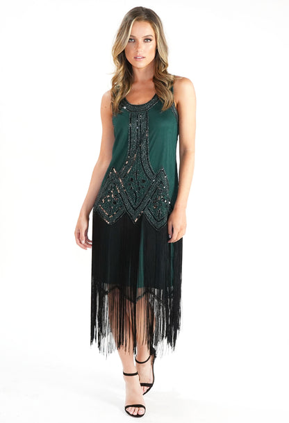 Green Sequin and Fringe Hem Dress