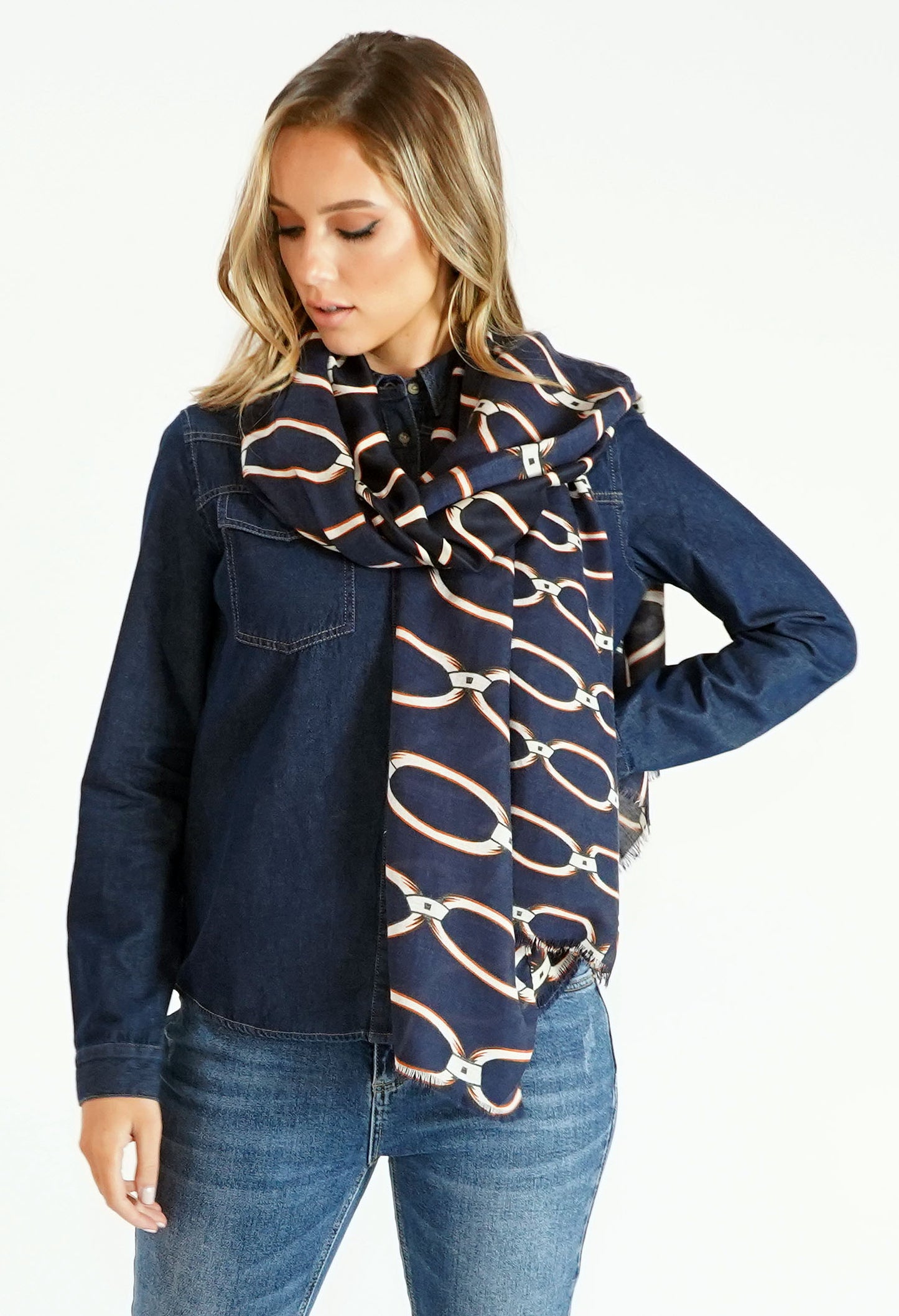 Navy Chain Print Scarf