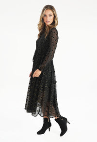 Black Dress with Metallic Gold Circle Pattern