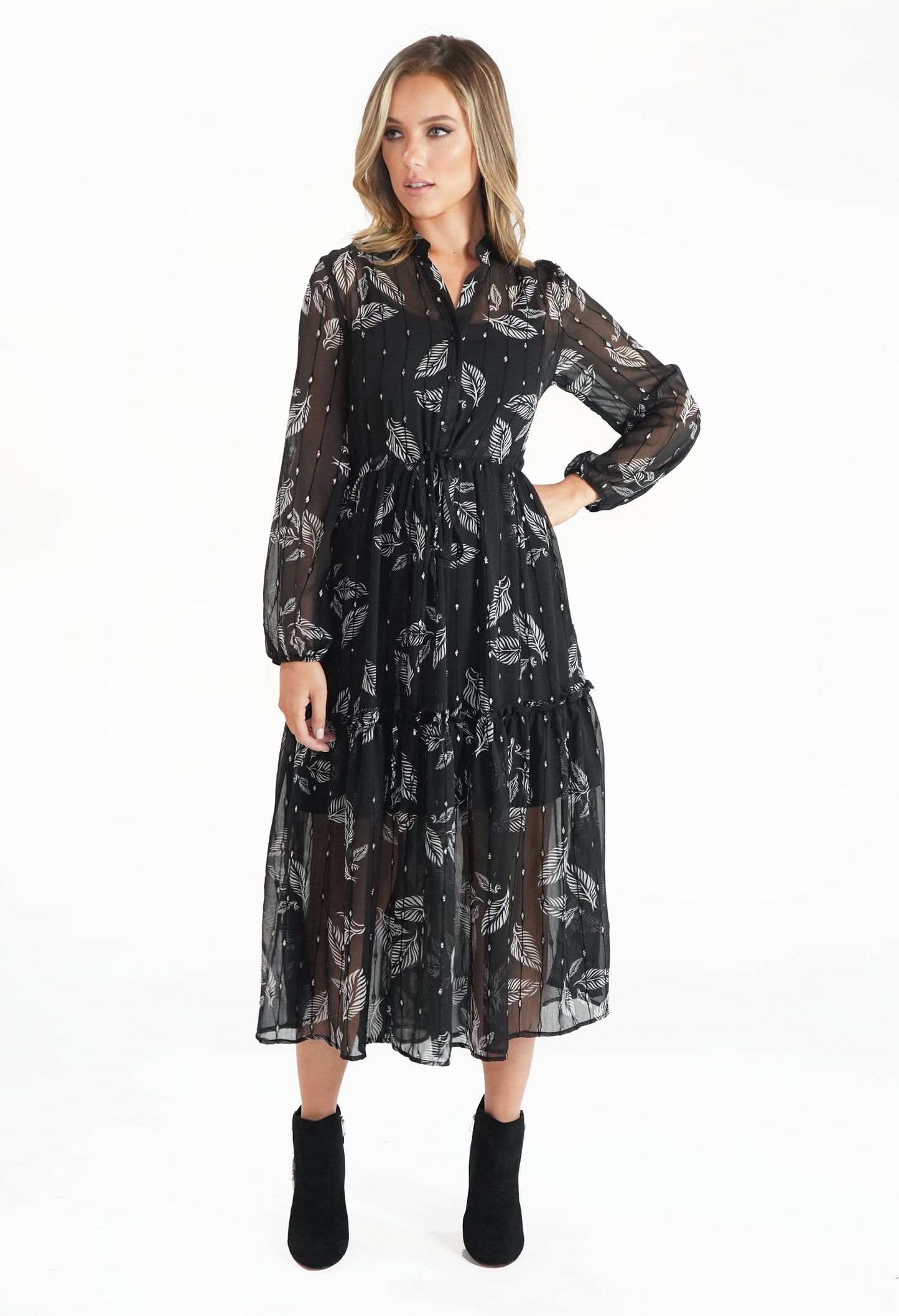 Black Leaf Print and Metallic Detail Midi Dress