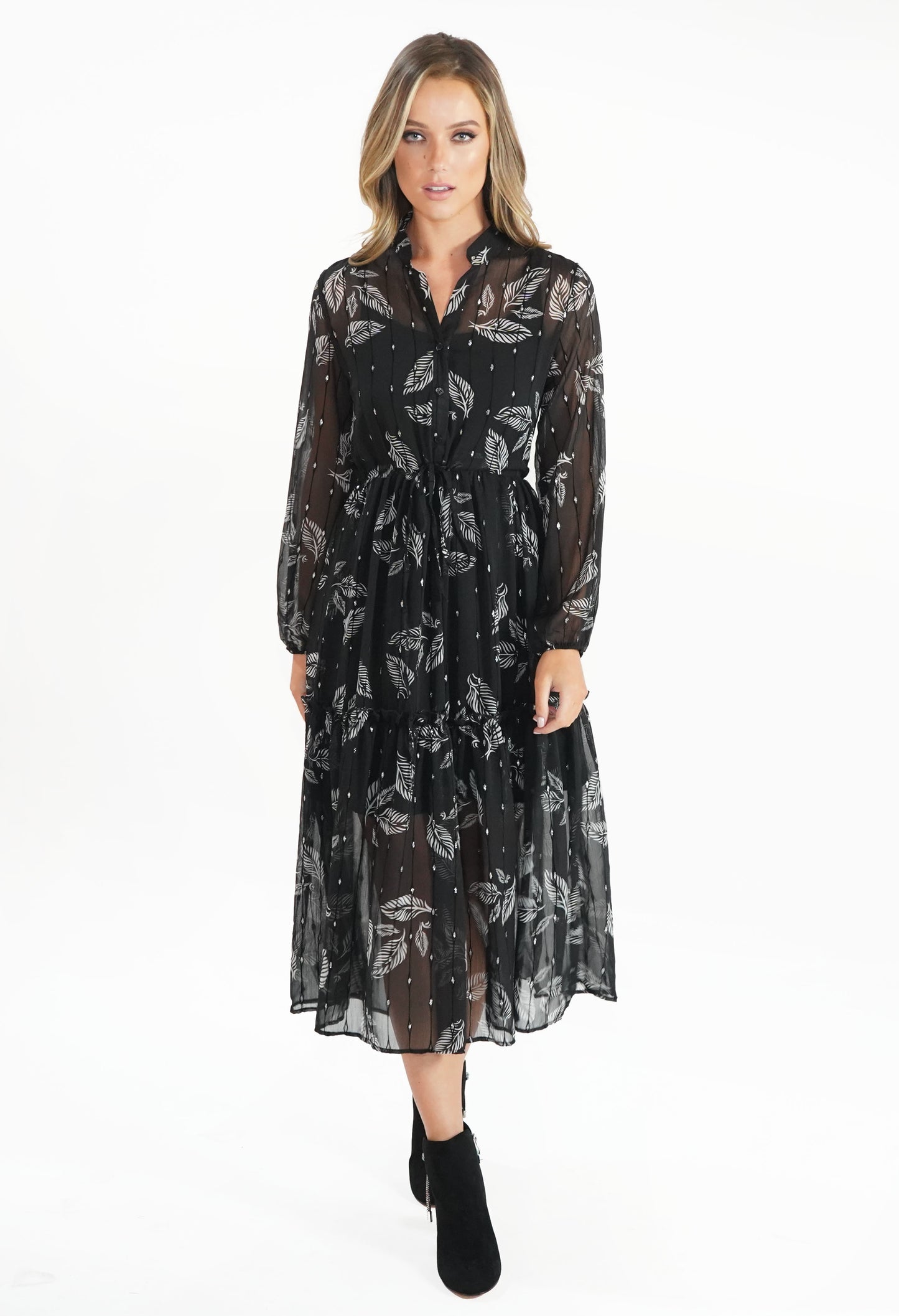 Black Leaf Print and Metallic Detail Midi Dress