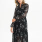 Black Leaf Print and Metallic Detail Midi Dress