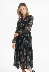 Black Leaf Print and Metallic Detail Midi Dress