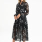 Black Leaf Print and Metallic Detail Midi Dress