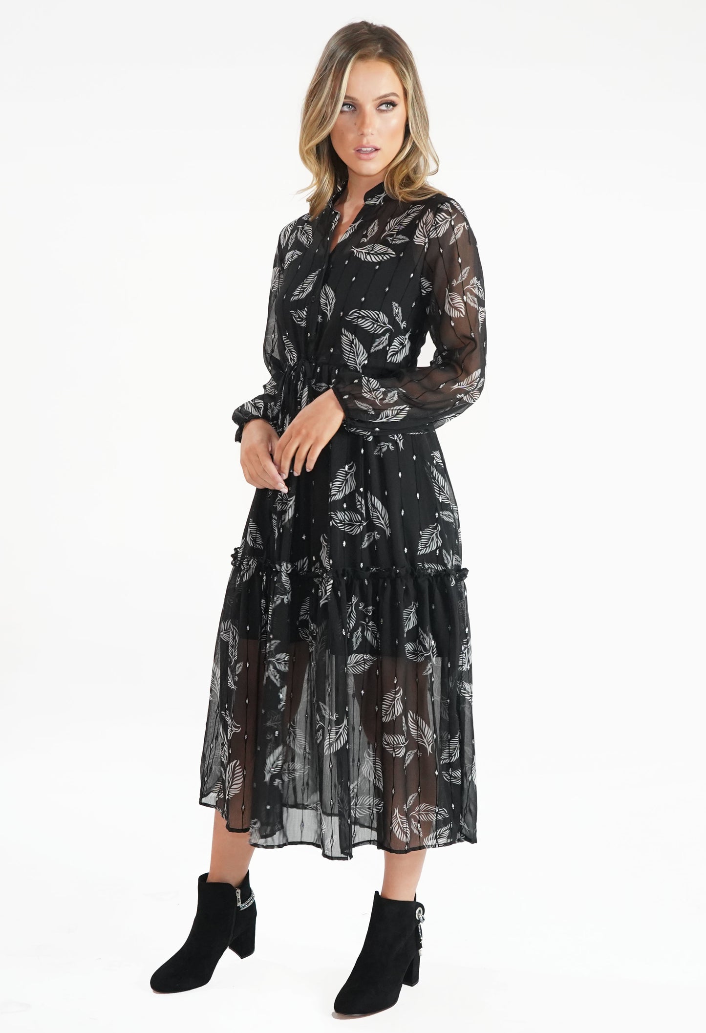 Black Leaf Print and Metallic Detail Midi Dress