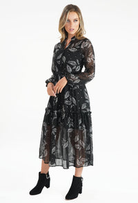 Black Leaf Print and Metallic Detail Midi Dress