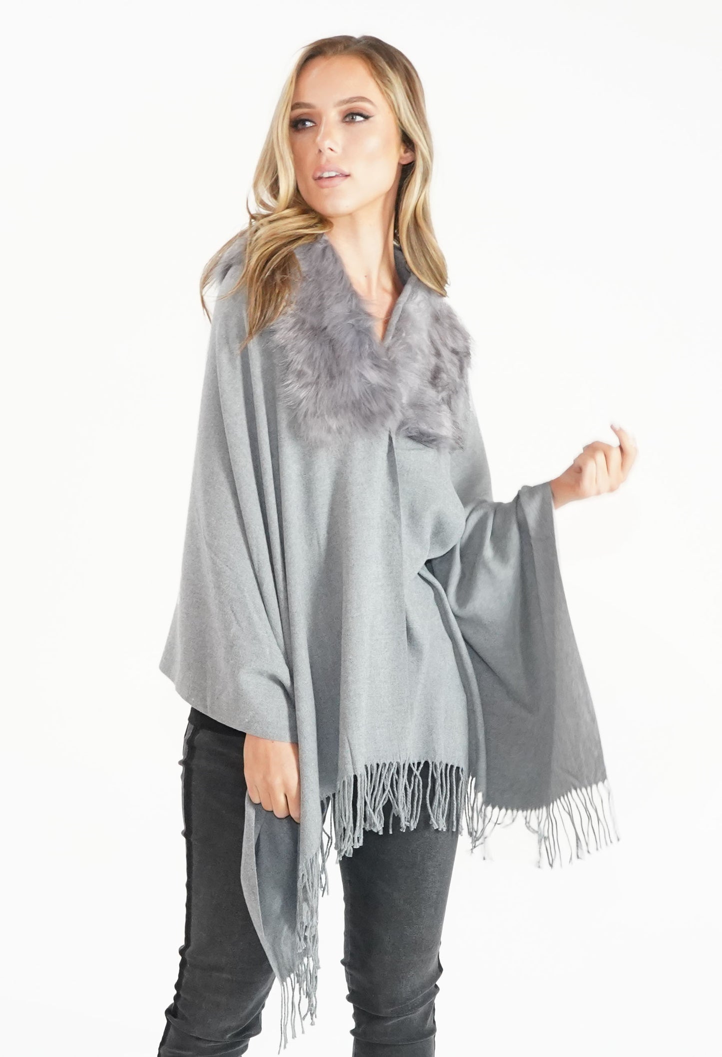 Grey Faux Fur Detail Shawl