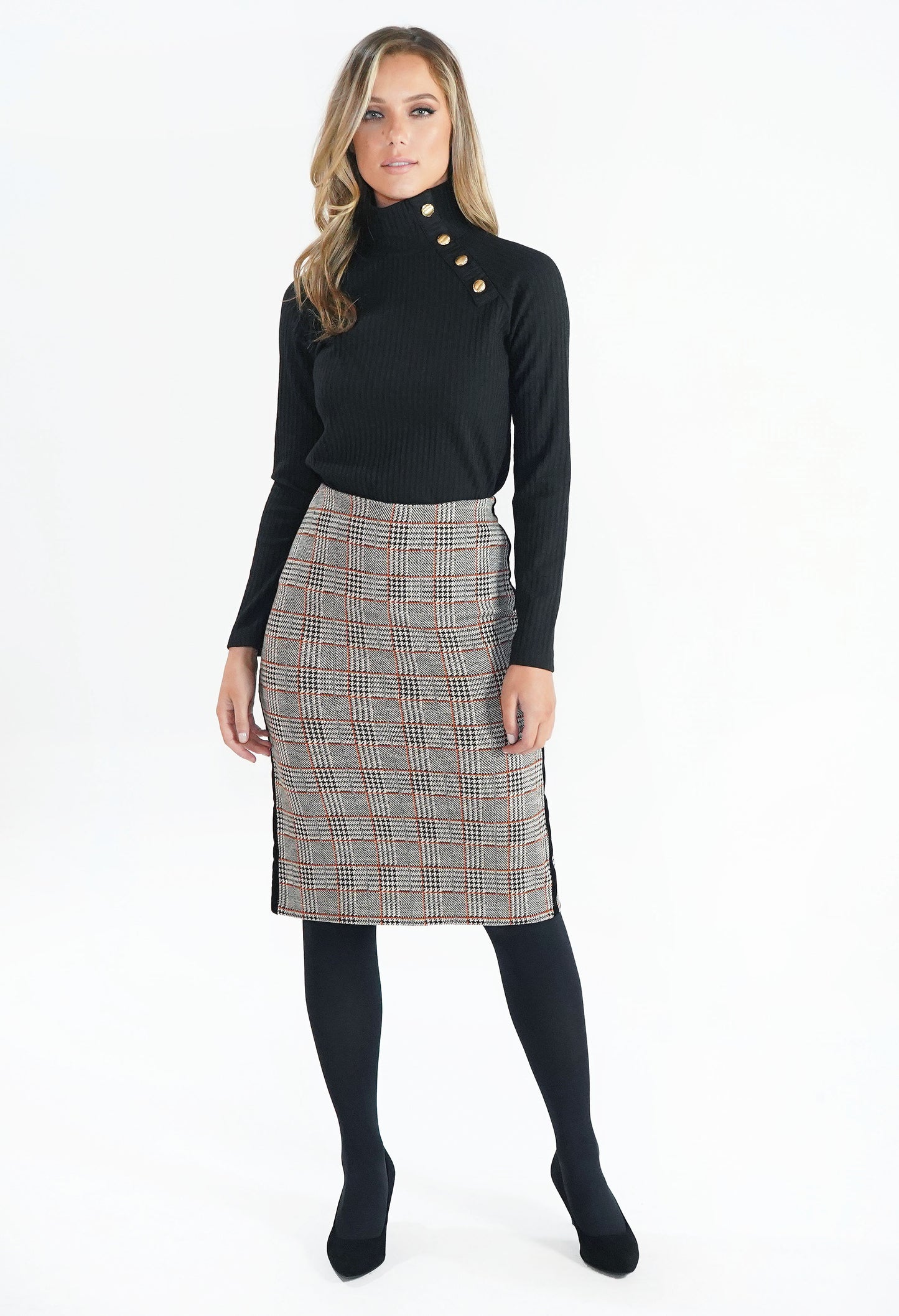 Beige Checked Pencil Skirt with Side Stripe